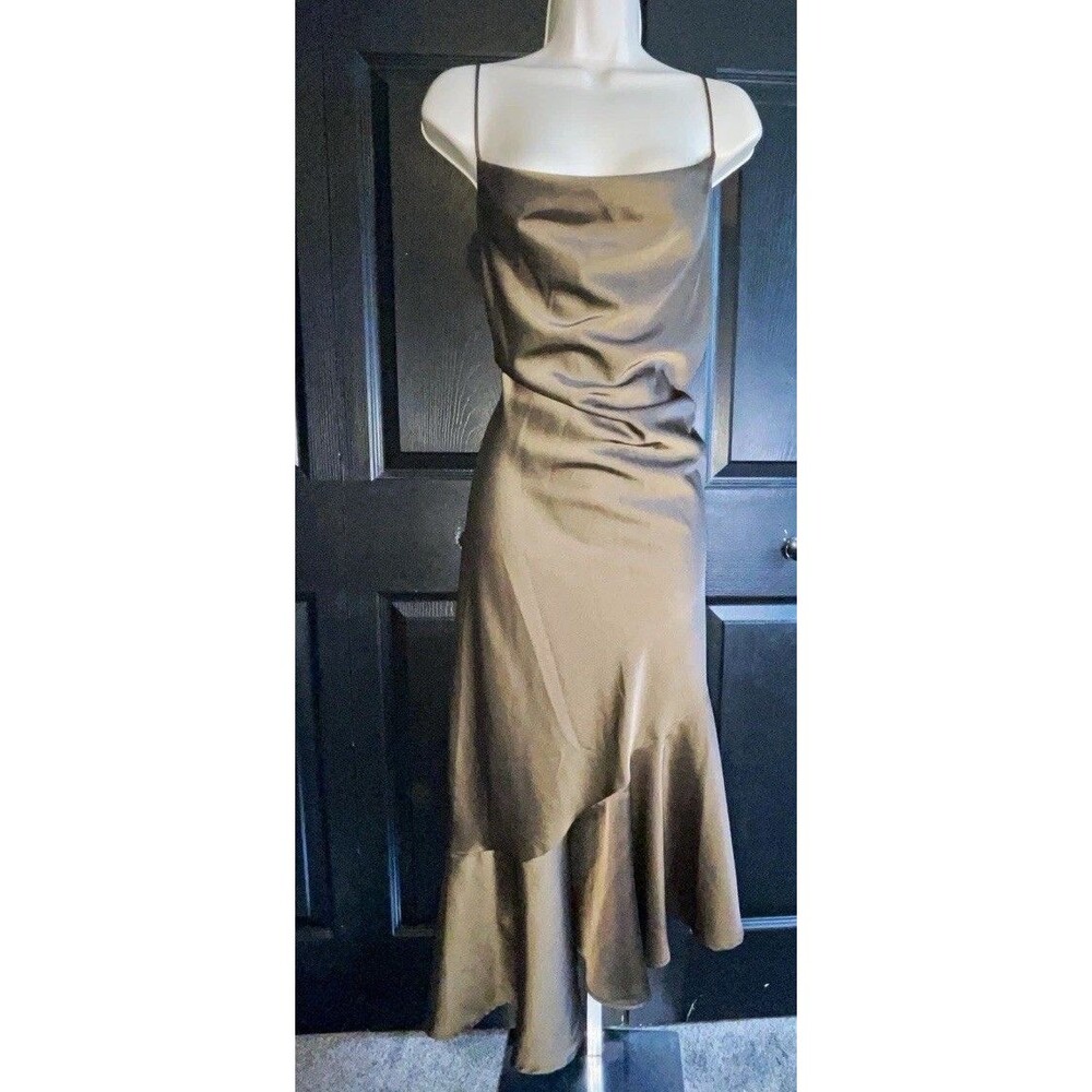 Scoop Slip Dress Brown Satin Cowl Neck Spaghetti Strap Layered Midi XL 16-18